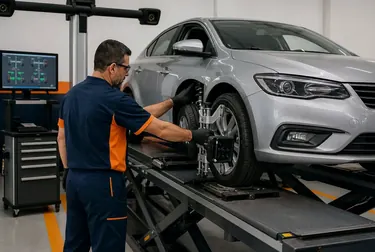 Carro em processo de alinhamento de rodas com equipamento apropriado.