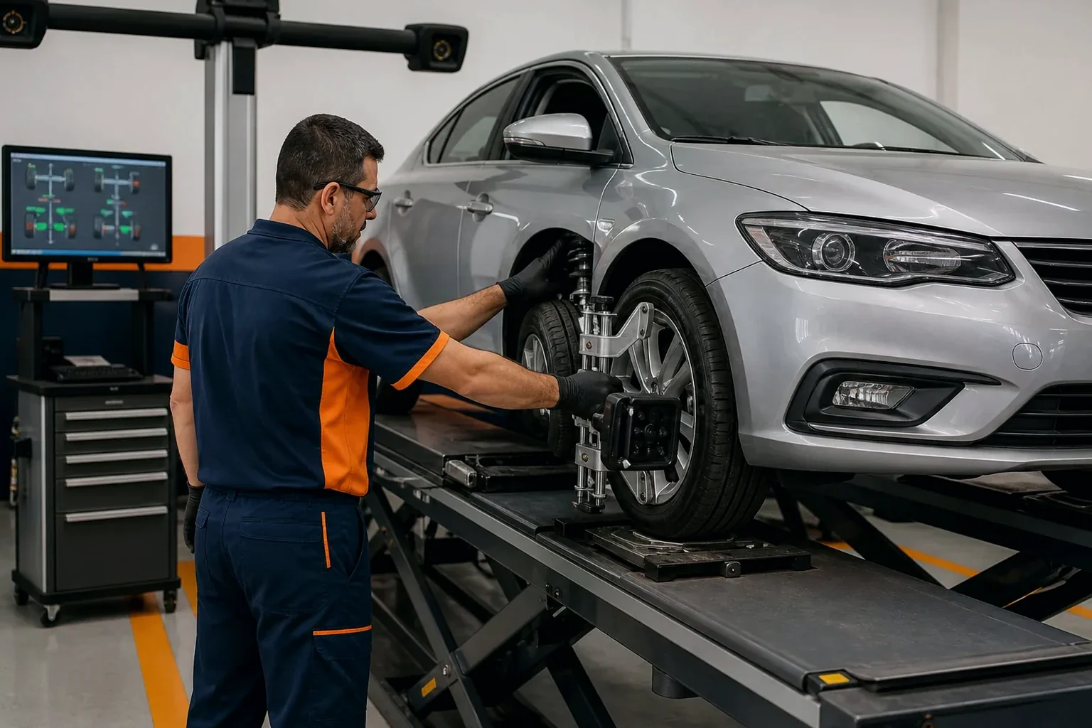 Carro em processo de alinhamento de rodas com equipamento apropriado.