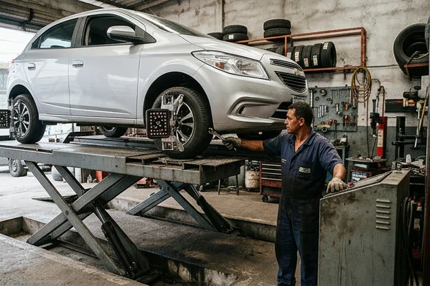 Carro sendo alinhado em uma máquina especializada em borracharia.