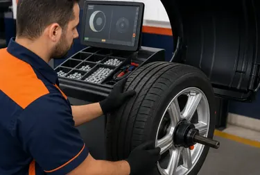 Profissional realizando balanceamento de rodas em um ambiente de serviço.