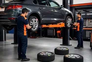 Profissional realizando o rodízio de pneus em um carro.