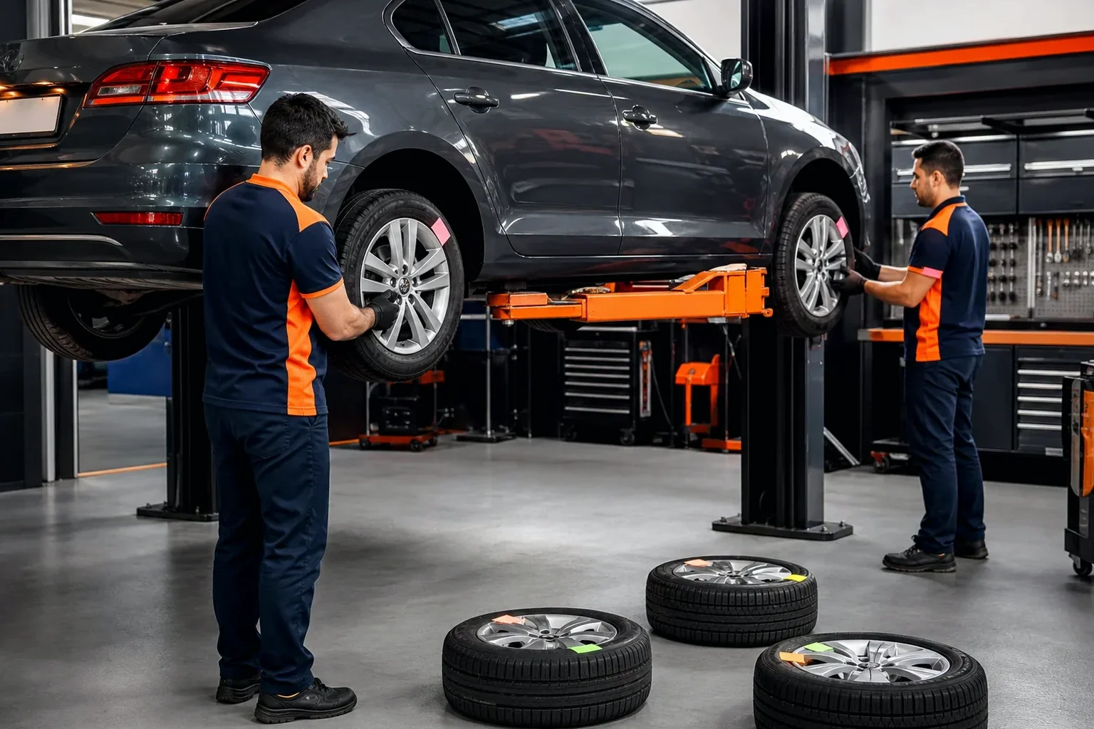 Profissional realizando o rodízio de pneus em um carro.