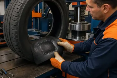 Técnico fazendo vulcanização de pneus com equipamentos adequados.