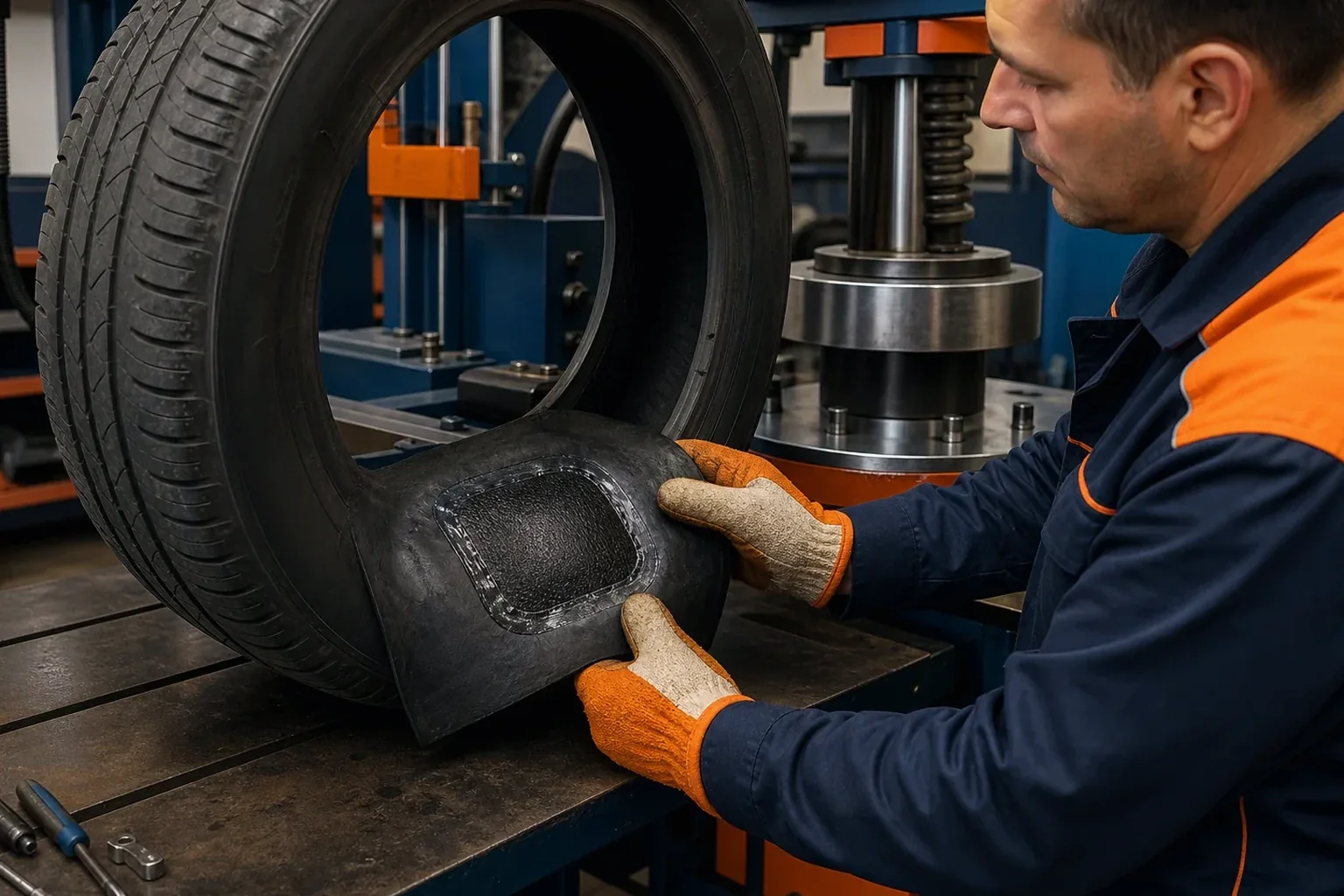 Técnico fazendo vulcanização de pneus com equipamentos adequados.